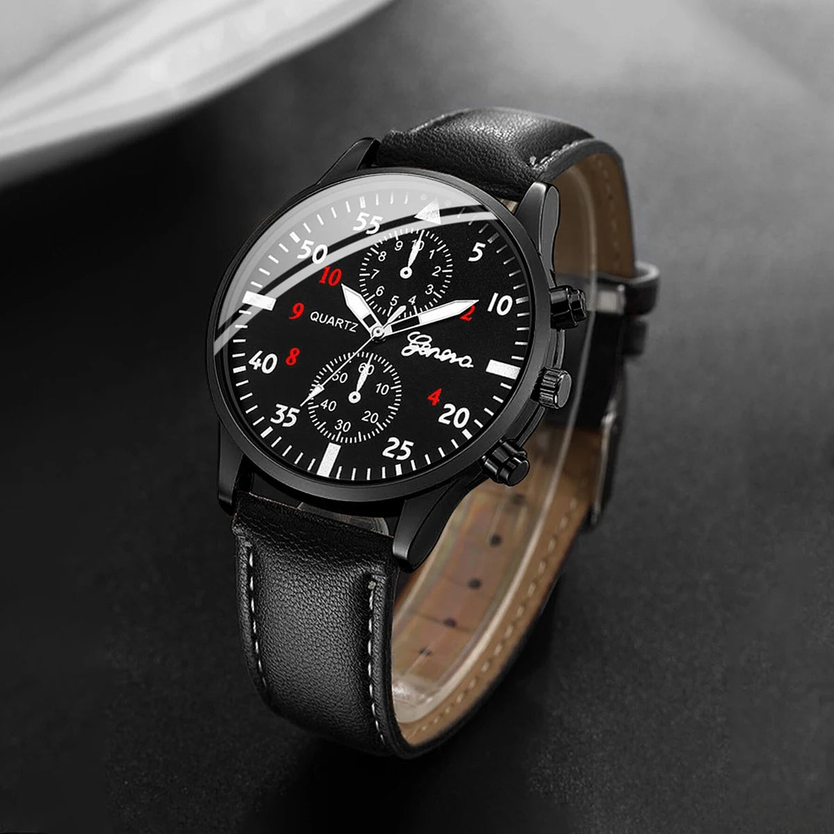 4PCS/Set Casual Men's Watch Fashion Three Eye Disc Belt Quartz Watch with Bracelet Necklace Ring Set