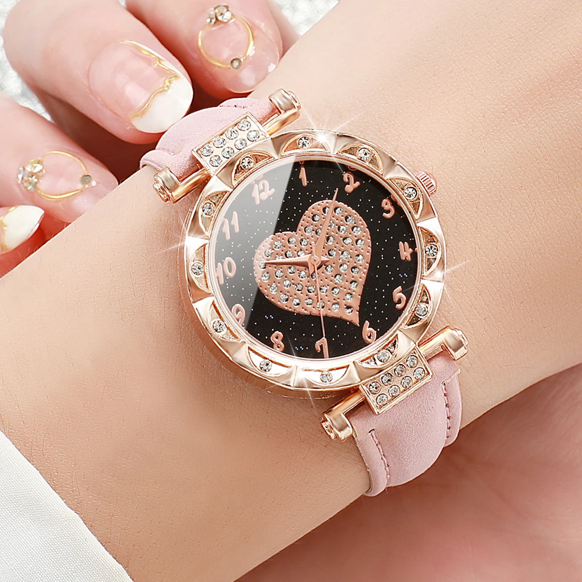 3PCS Women Watches Fashion Rhinestone Heart Dial Quartz Watch Female Leather Band Wristwatches Set(Without Box)