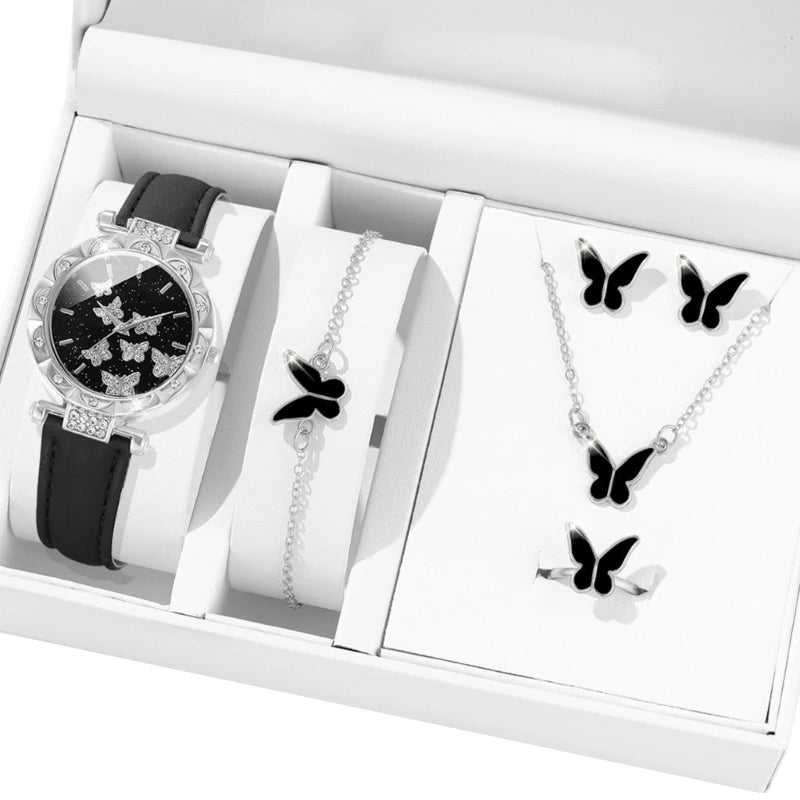 Butterfly Jewelry Set (without box)Women Watches Female Leather Watch Rings Necklace Earrings Bracelet Wedding Gift