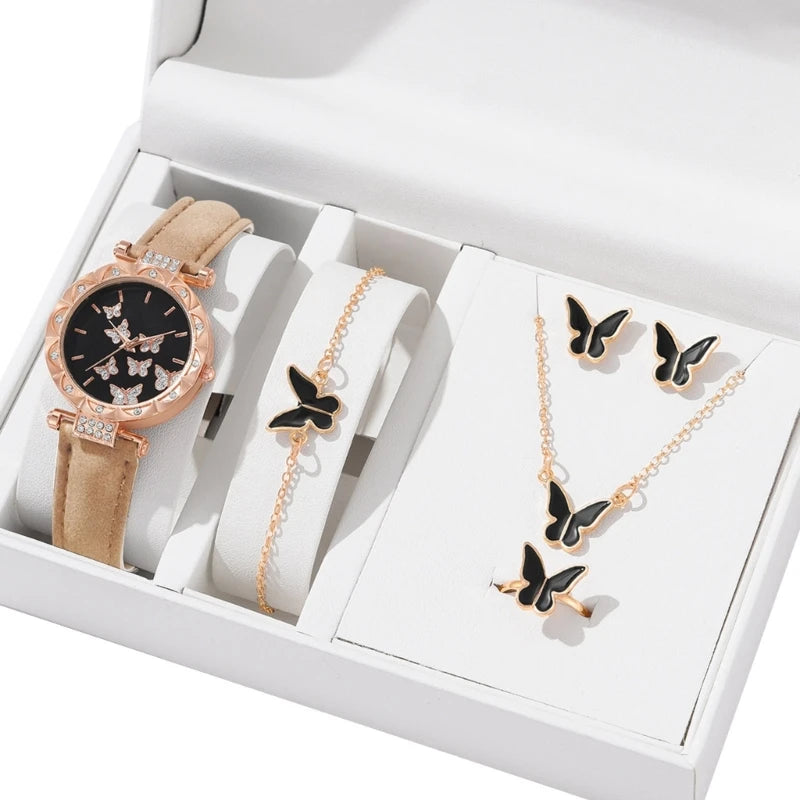 Butterfly Jewelry Set (without box)Women Watches Female Leather Watch Rings Necklace Earrings Bracelet Wedding Gift