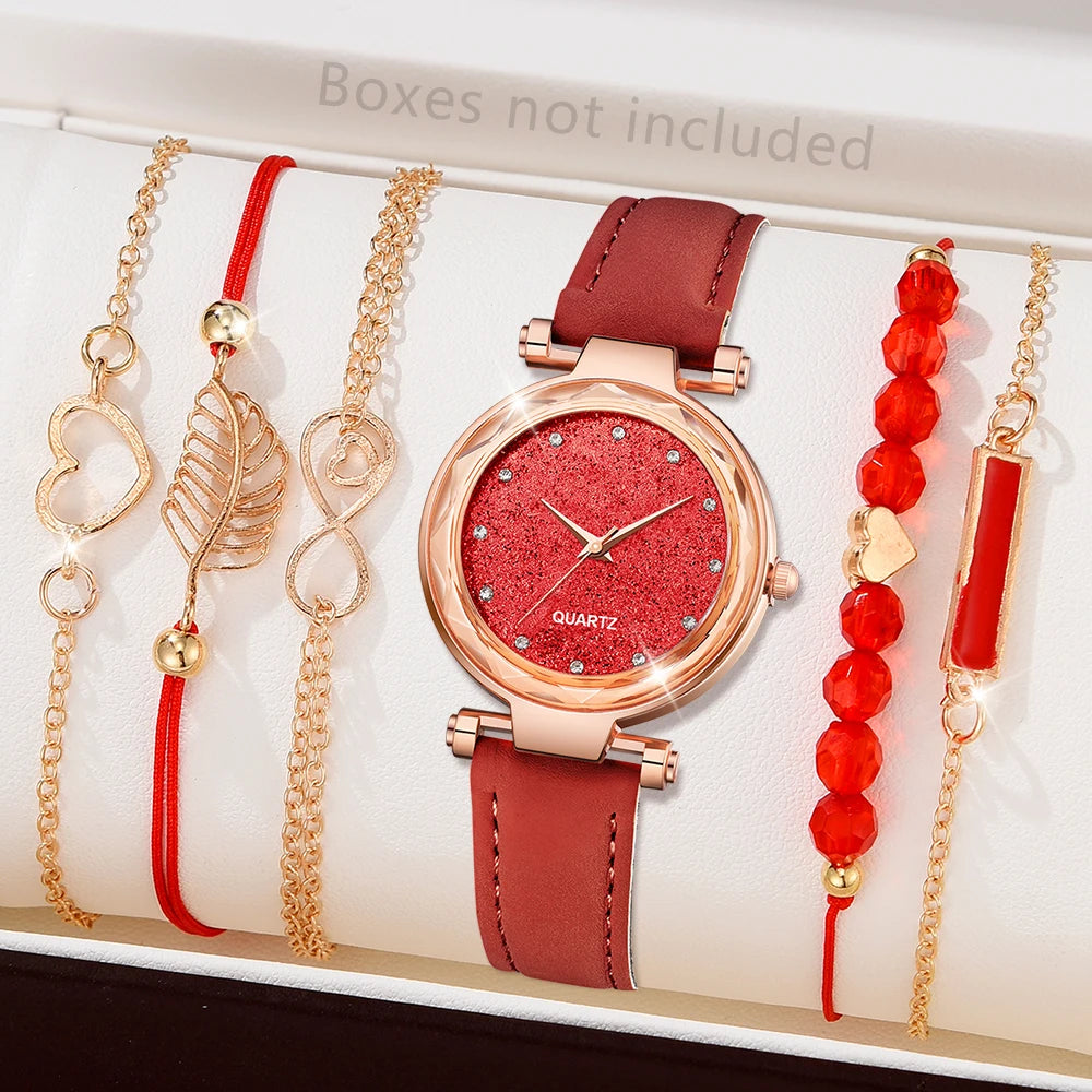 5pcs Set Womens Watches Set Ladies Fashion Watch Black Female New Simple Casual Womens Analog WristWatch Bracelet Gift No Box