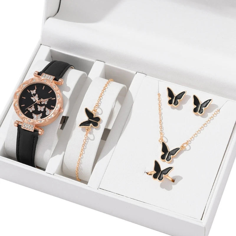 Butterfly Jewelry Set (without box)Women Watches Female Leather Watch Rings Necklace Earrings Bracelet Wedding Gift
