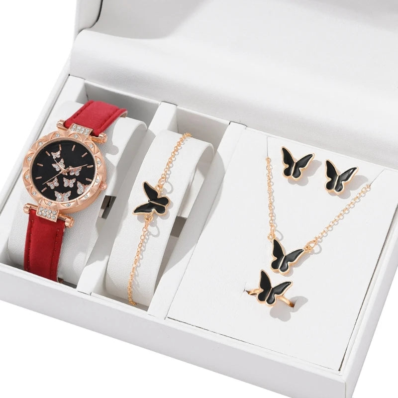 Butterfly Jewelry Set (without box)Women Watches Female Leather Watch Rings Necklace Earrings Bracelet Wedding Gift