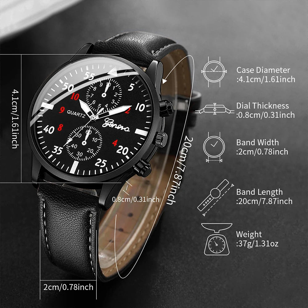 4PCS/Set Casual Men's Watch Fashion Three Eye Disc Belt Quartz Watch with Bracelet Necklace Ring Set