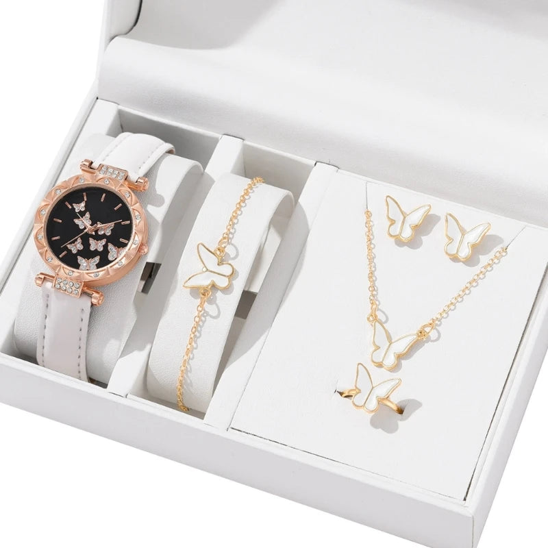 Butterfly Jewelry Set (without box)Women Watches Female Leather Watch Rings Necklace Earrings Bracelet Wedding Gift