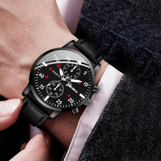4PCS/Set Casual Men's Watch Fashion Three Eye Disc Belt Quartz Watch with Bracelet Necklace Ring Set