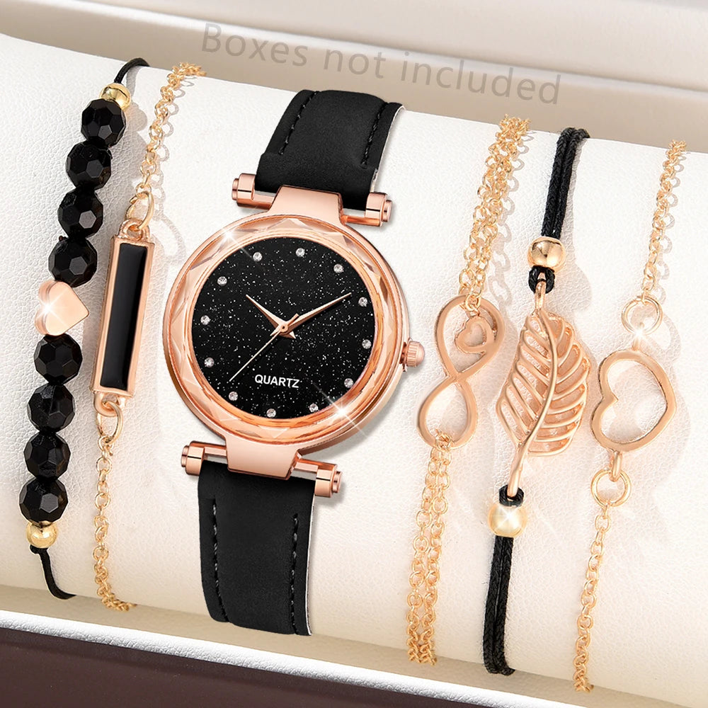5pcs Set Womens Watches Set Ladies Fashion Watch Black Female New Simple Casual Womens Analog WristWatch Bracelet Gift No Box