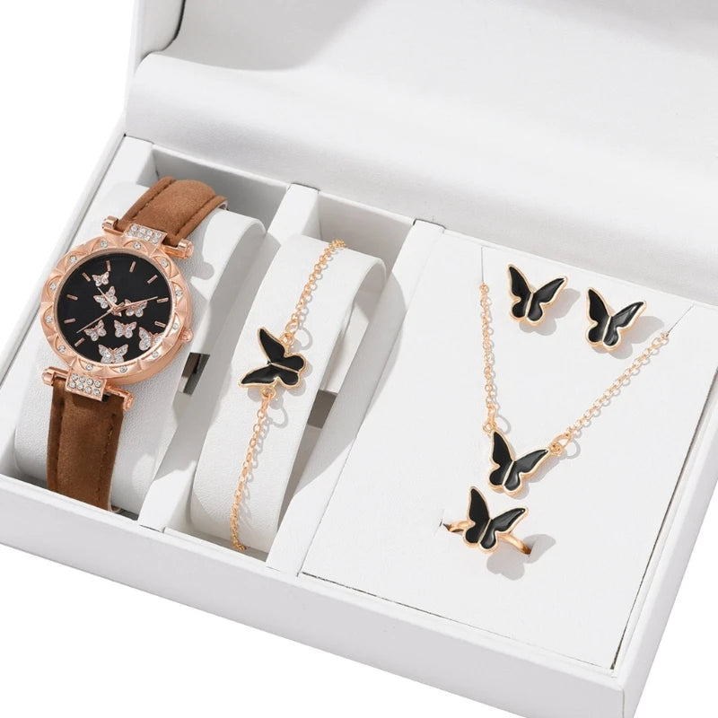 Butterfly Jewelry Set (without box)Women Watches Female Leather Watch Rings Necklace Earrings Bracelet Wedding Gift