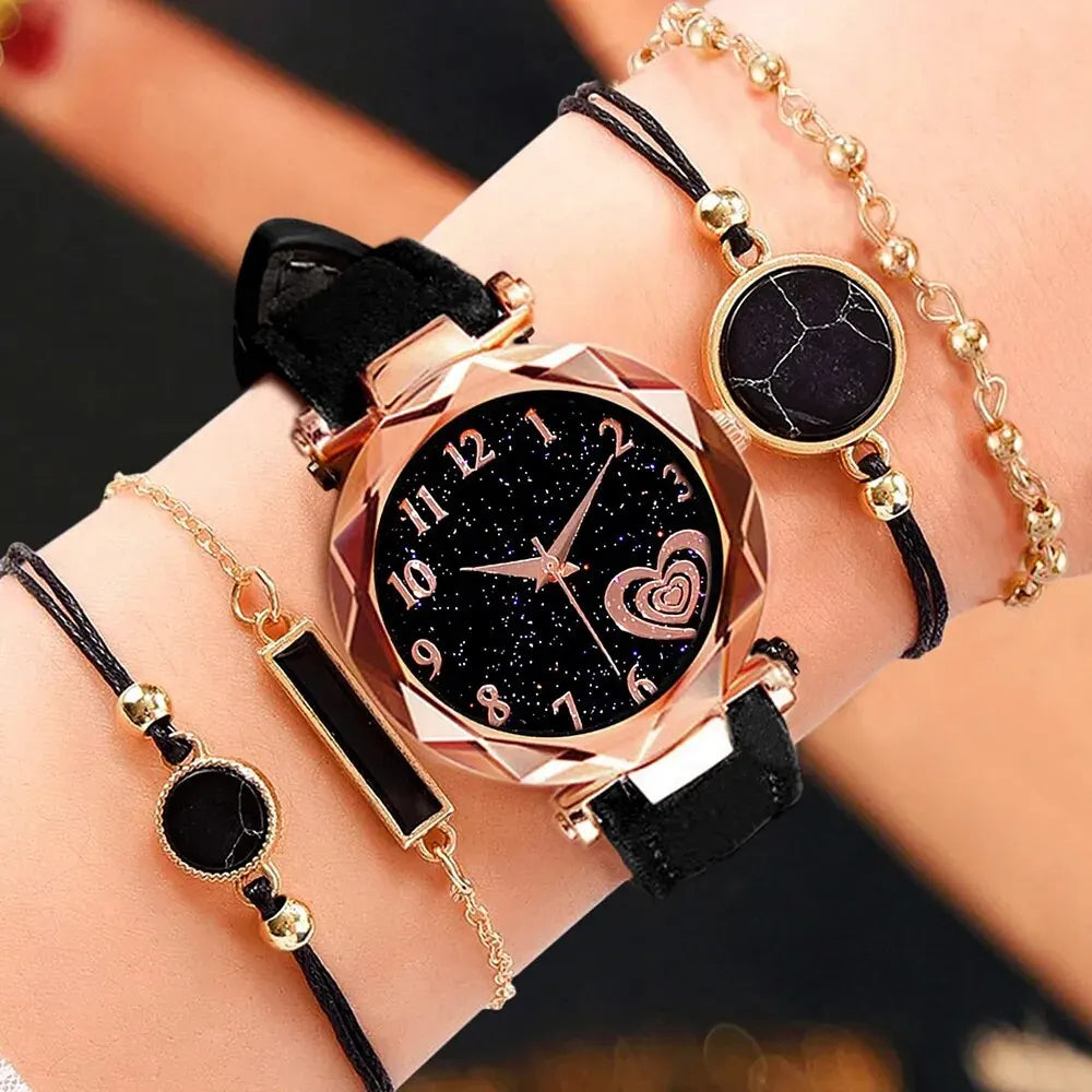 5pcs Set Womens Watches Set Ladies Fashion Watch Black Female New Simple Casual Womens Analog WristWatch Bracelet Gift No Box