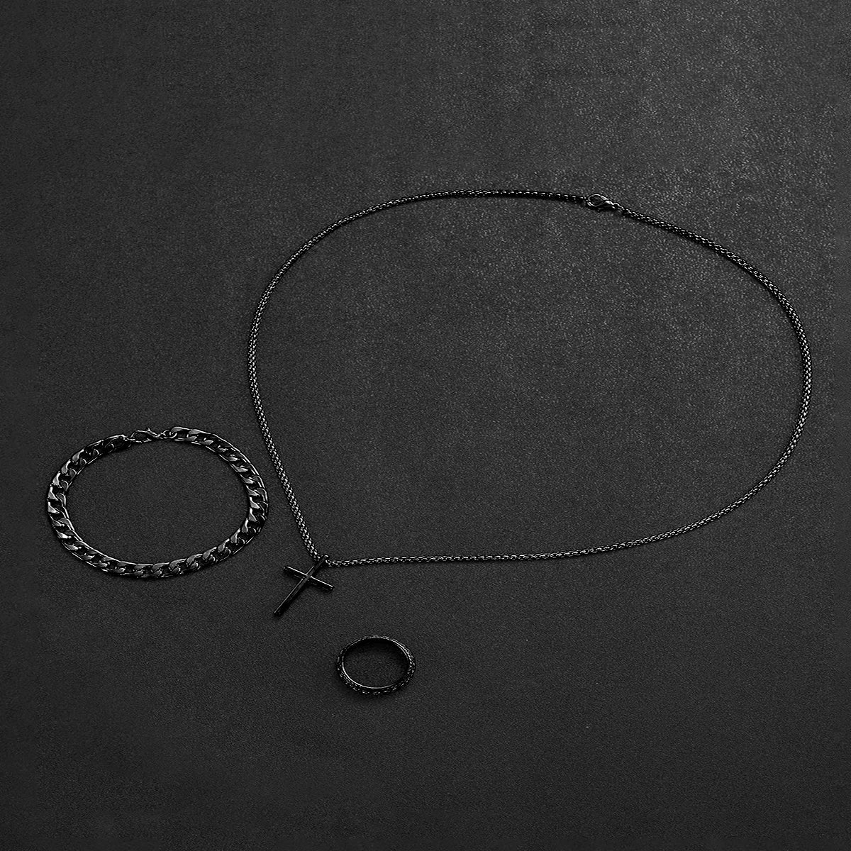 4PCS/Set Casual Men's Watch Fashion Three Eye Disc Belt Quartz Watch with Bracelet Necklace Ring Set