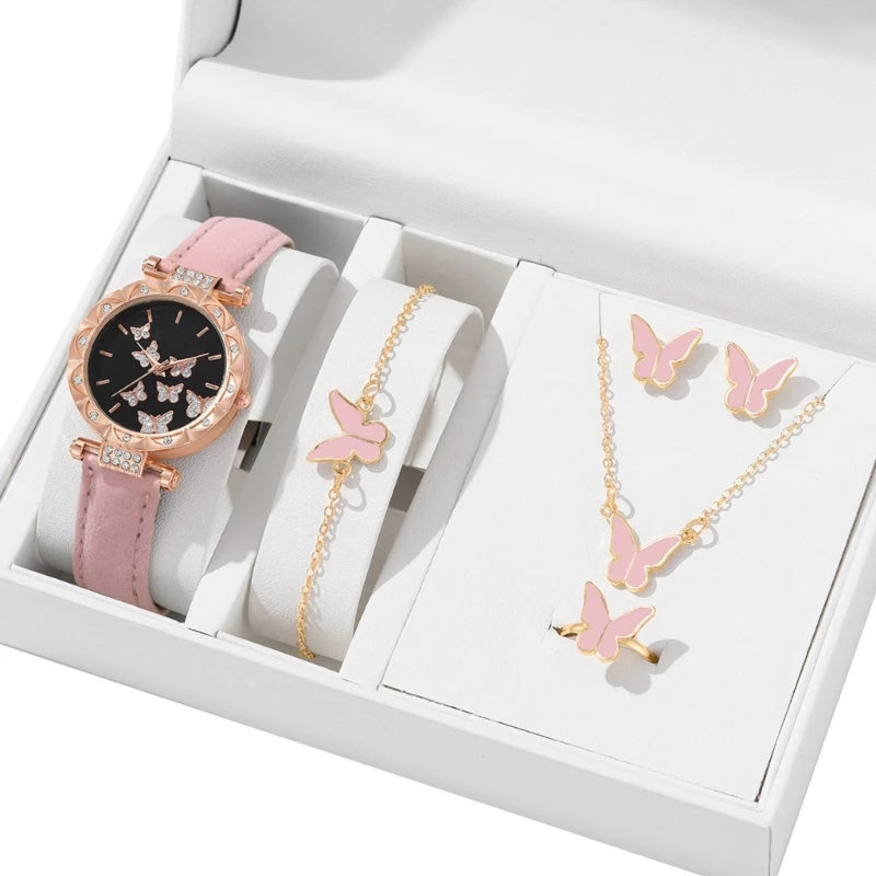 Butterfly Jewelry Set (without box)Women Watches Female Leather Watch Rings Necklace Earrings Bracelet Wedding Gift