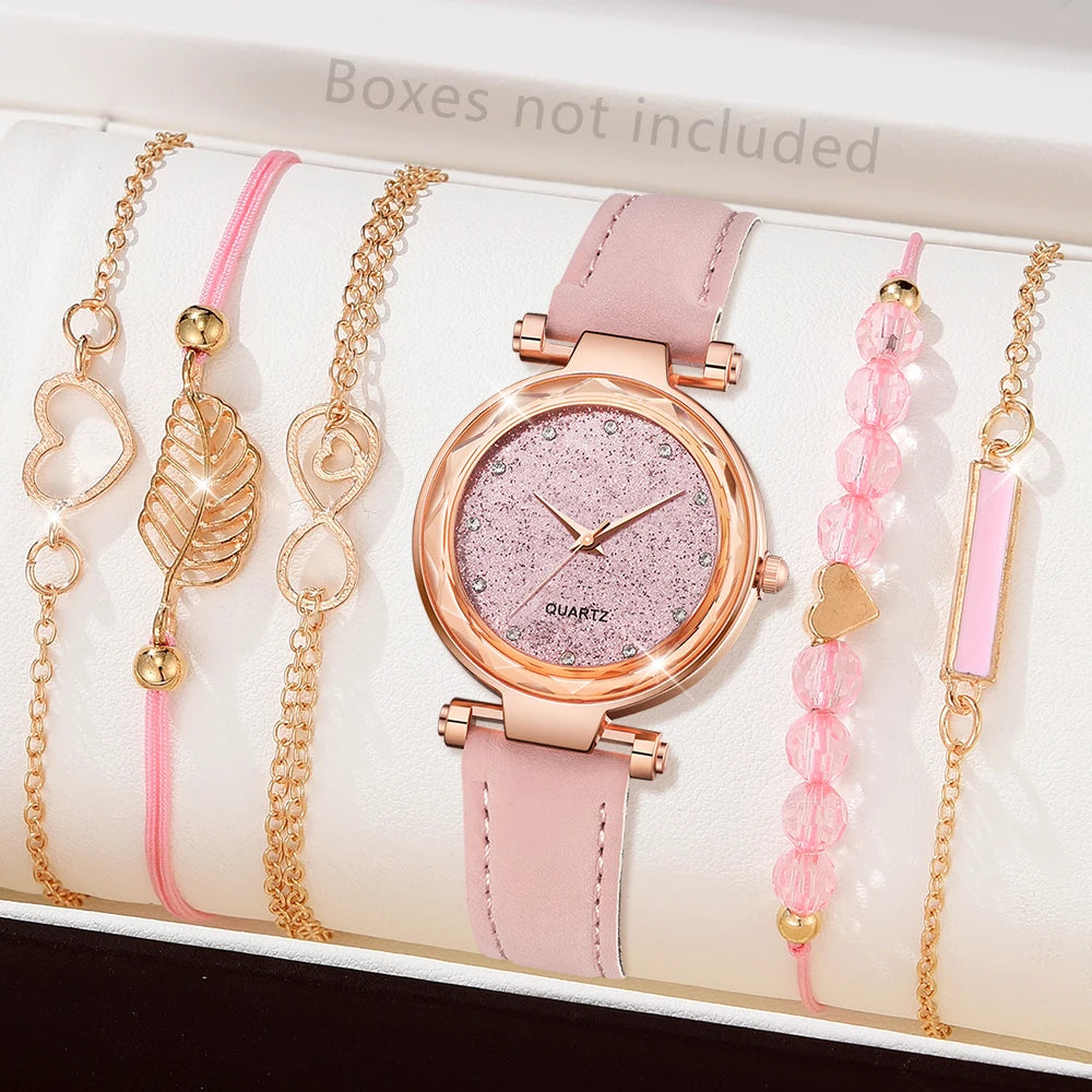 5pcs Set Womens Watches Set Ladies Fashion Watch Black Female New Simple Casual Womens Analog WristWatch Bracelet Gift No Box