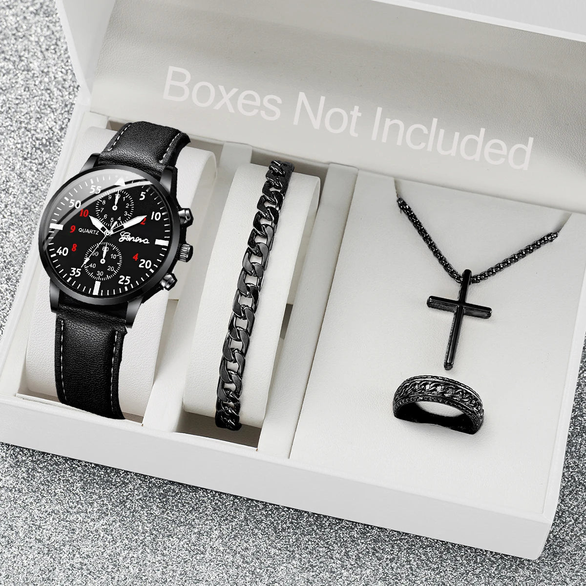 4PCS/Set Casual Men's Watch Fashion Three Eye Disc Belt Quartz Watch with Bracelet Necklace Ring Set