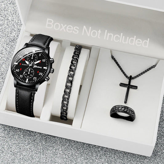 4PCS/Set Casual Men's Watch Fashion Three Eye Disc Belt Quartz Watch with Bracelet Necklace Ring Set