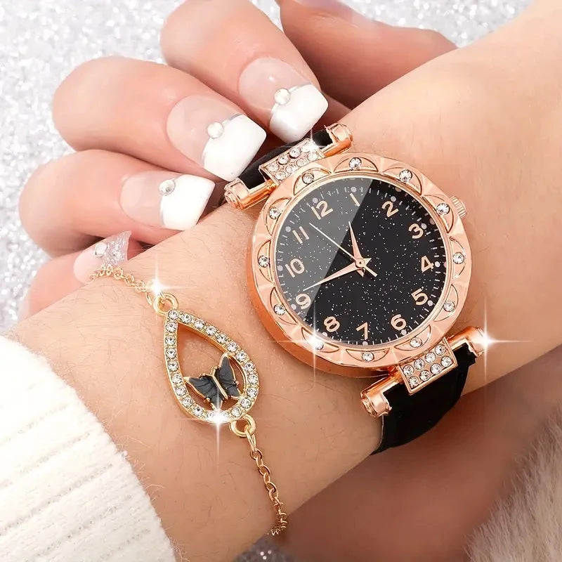 5PCS/Set Luxury Women Watches Rhinestone Fashion Elegant Wristwatch Quartz Watch Ladies Clock For Girl Gift