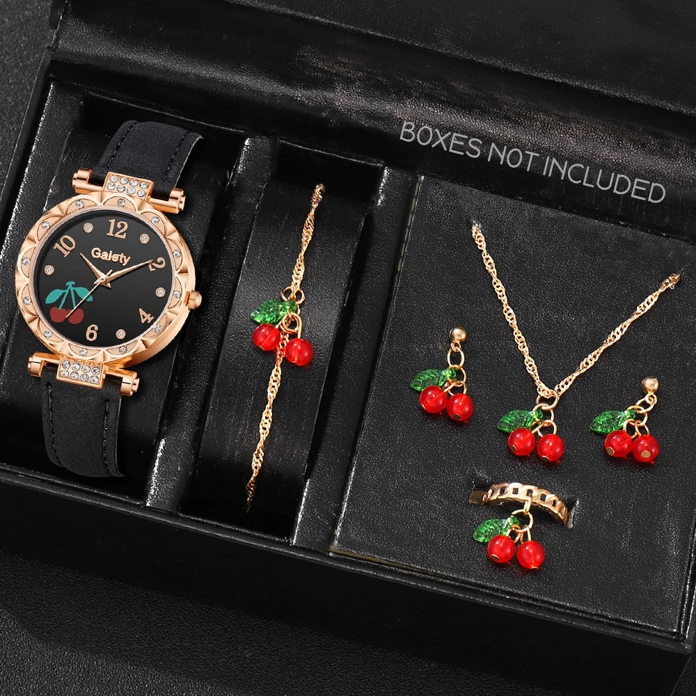 6PCS/Set Red Women's Watch With Minimalist Elements Dial Quartz Watch Latex Strap Cherry Elements Jewelry Set Girl's Gift